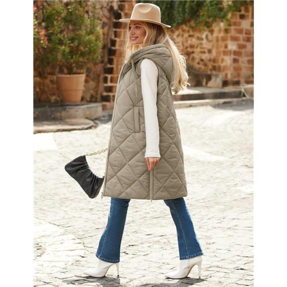 Women's Sleeveless Quilted Long Puffer Vest Hooded Full Zip Jacket Coat - Picture 6 of 7